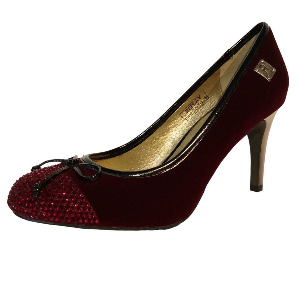 REPLAY Pumps Rhinestone Faux Gem sz 8.5 Metal Spike Heels Deep Wine/Red VGC